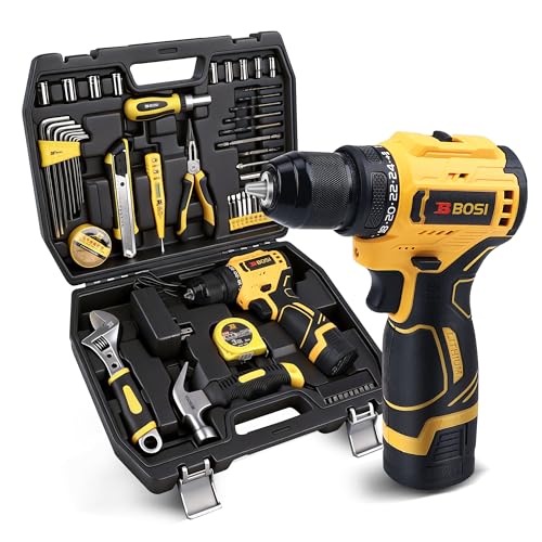 B BOSI TOOLS 58PCS Home Tool Kit with 16V Cordless Drill, Battery & Charger, 3/8” Keyless Chuck, 24+1 Torque Settings, Variable Speed, Ideal for DIY Home Repair & Furniture Assembly