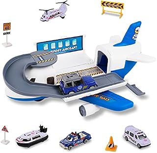 m zimoon Transport Cargo Airplane Car Toy Set, The Best Gift For Boys and Girls over 3 Years Old, Including 1 Transport Aircraft, 3 Cars, 1 Motorboat, 1 Helicopter Toy And 1 Diy Sticker Gift (Blue)