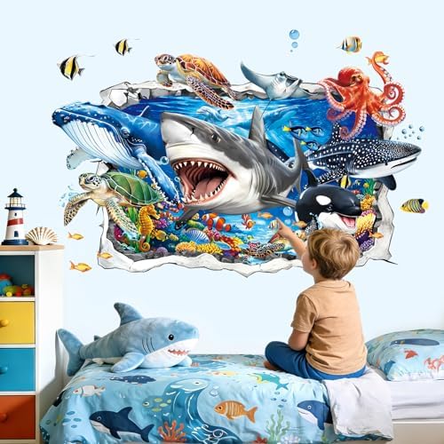 decalmile 3D Ocean Animals Break Through Wall Stickers Sea Animals Shark Turtle Whale Tropical Fish Wall Decals Bathroom Baby Nursery Kids Bedroom Playroom Home Decor