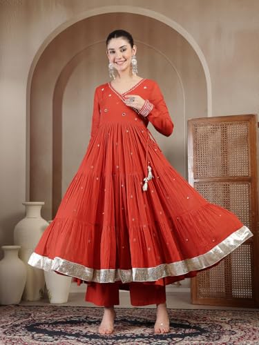 Image of Gulmohar Jaipur Women's Malmal Solid Angrakha Neck Anarkali Kurta Suit Set