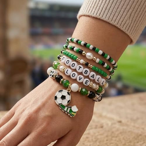 Image of Football Baseball Soccer Beaded Bracelets for Women Stackable Game Day Sports Theme Bracelet