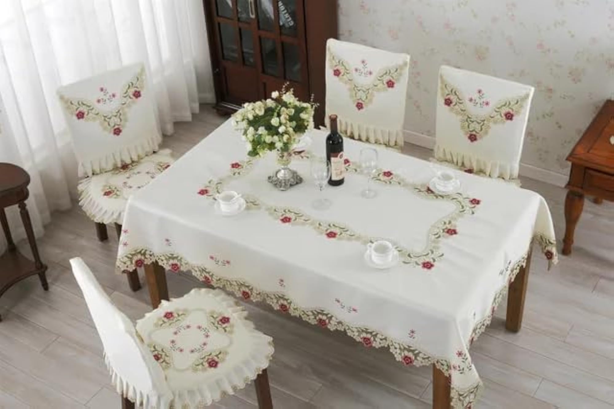 Satin Embroidery Cut Work 6 Seater Table Cover