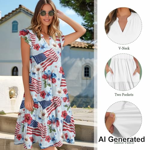 Image of Women's Casual Ruffle Sleeve Dress V Neck Pullover Dress Flowy A-Line Pleated Lightweight Dress with Pockets