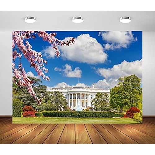 BELECO 8x6ft Fabric The White House Backdrop for Photography Spring Cherry Blossoms Green Trees Blue Sky American Political Center Washington DC Background Photo Studio Props Wallpaper