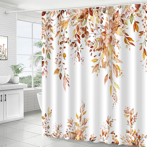 Image of Fall Eucalyptus Leaves Shower Curtain, Autumn Aesthetic Art Watercolor Plant Leaf with Floral Bathroom Decor, Waterproof Fabric Cloth Bath Curtain Set with Hooks (Brown-Orange, 72 inch W x 72 inch L)