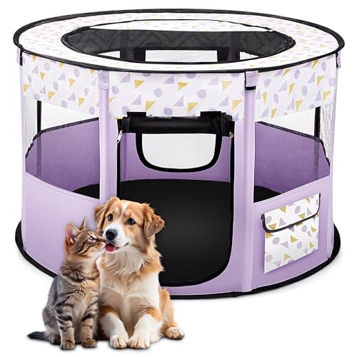 ALLSOPETS Recinto per Cani da Interno Pieghevole, Anche per Esterno, Box Traspirante Portatile per Gatti Conigli Cuccioli con Borsa da Trasporto, per Viaggi e Campeggio (Viola, L)