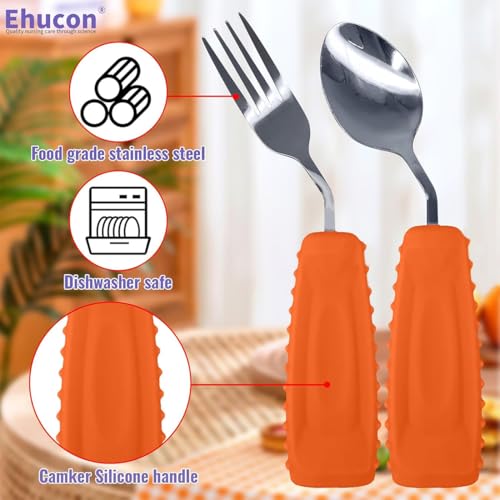 Image of Adaptive Utensils Angled Spoon and Fork for Hand Tremors Parkinsons,Weighted Utensils with Non-Slip Easy Grip Handles for Independent Eating (1pcs Spoon+1pcs Fork=2 pcs,Orange,Right Hand)