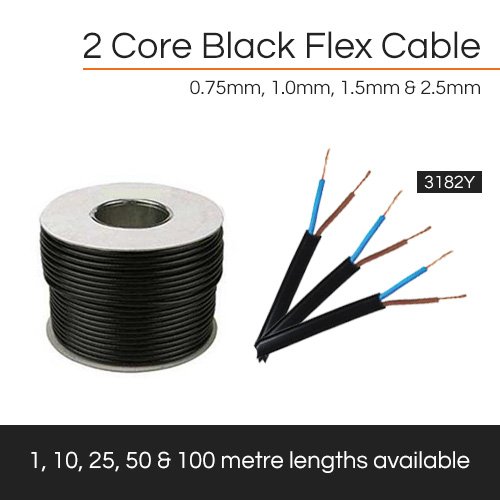 Elastyczny 2-rdzeniowy kabel PCV, możliwość przycięcia do żądanej długości, czarny, 1 mm, 10 A, 3182Y