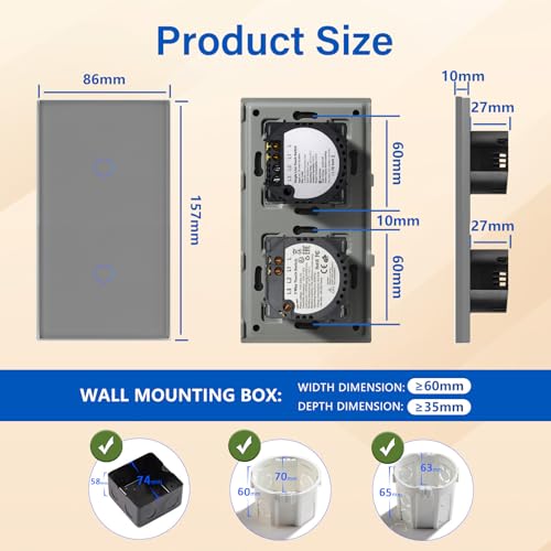 BSEED Touch Lichtschalter 1 Fach 1 Weg mit 1 Fach 2 Wege Glas Lichtschalter Grau Led Touch Schalter Touchscreen Funktioniert mit LED Lampe 157mm EU Standard