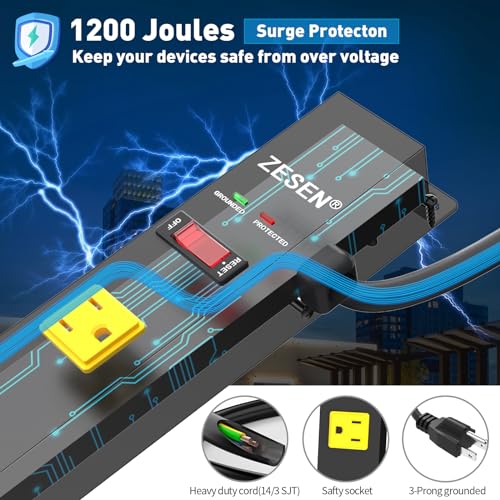 Image of 12 Outlet Long Power Strips Heavy Duty Wide-Spaced Outlets Industrial Power Strip Surge Protector with 4ft Cord for Garage Workshop Office Home, ETL Certified, 1875W, Black