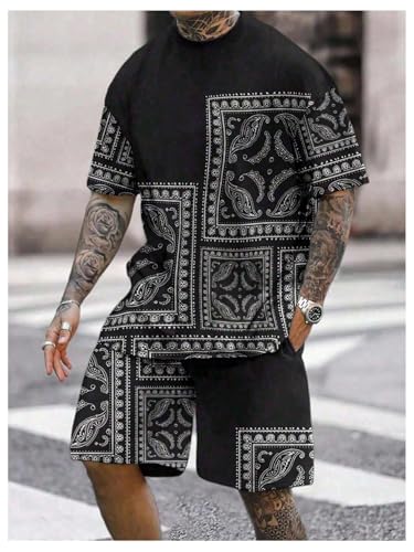 OYOANGLE Men's 2 Piece Outfits Boho Paisley Print Short Sleeve Top and Drawstring Shorts Set Tracksuits3