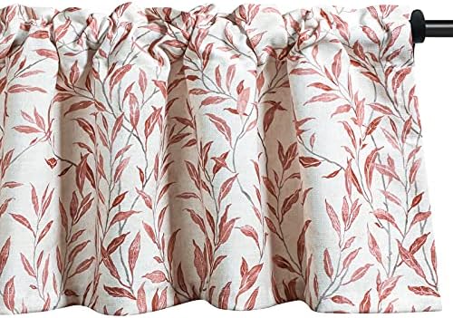 VOGOL Kitchen Valances Meticulous Painting Style Willow Leaves Pattern Window Curtains, Top Rod Pocket 52x18 Curtain Valance for Living Room, Red, One Panel