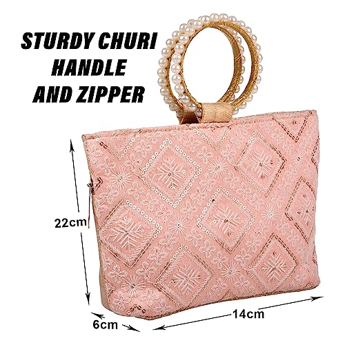 Image of Heart Home Clutch Bag | Zig Zag Chicken Silk Embroidery | Moti Churi Handle | Hand Purse for Woman | Party Bags for Woman | Wedding Clutch Purse | Pack of 2 | Peach