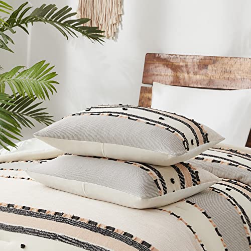 Hyde Lane Boho Queen Comforter Set, Modern Farmhouse Full Size Bedding, Cotton Top With Neutral Rustic Clipped Jacquard Stripes, Tufted Bed Sets, 3-Pieces Including Matching Pillow Shams (90" X 90") #TOP4