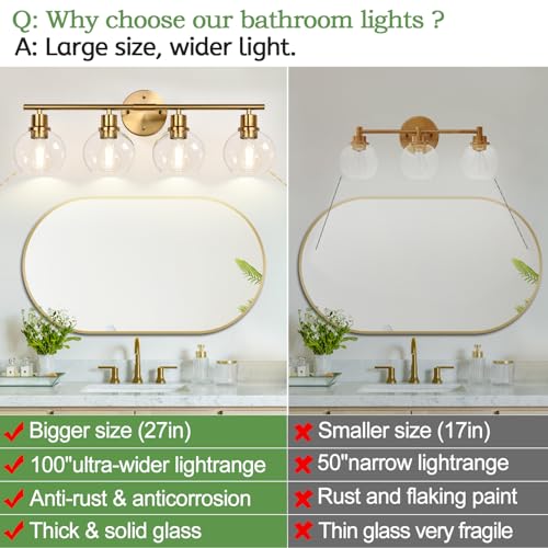 Image of Indoi 4-Light Bathroom Light Fixtures,Gold Modern Vanity Lights Over Mirror with Clear Glass Globe Shade, Bathroom Wall Sconces for Mirror Kitchen Living Room Hallway Cabinet Bedroom Porch