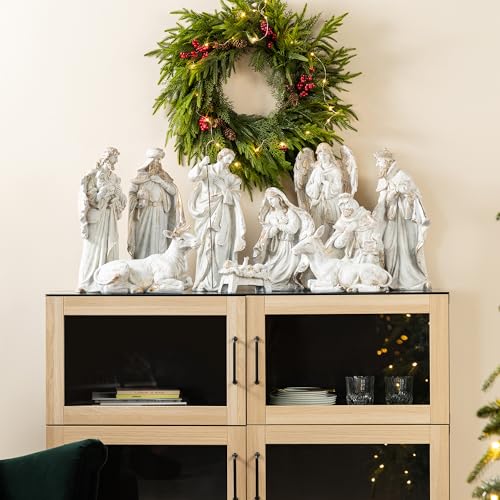 Image of Glitzhome Nativity Set for Christmas Indoor Decorations, 10-Piece Large White Nativity Figurines Sets 18.5 inch x 50 inch, Resin Tabletop Scenes Figures Xmas Collectibles Figurine Statue Holiday Decor