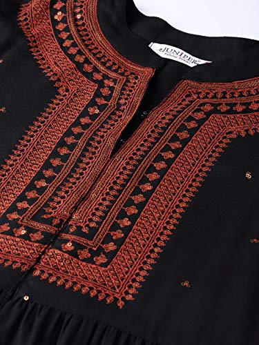 Image of Juniper Black Rayon Embellished Kurta with Printed Flared Palazzo