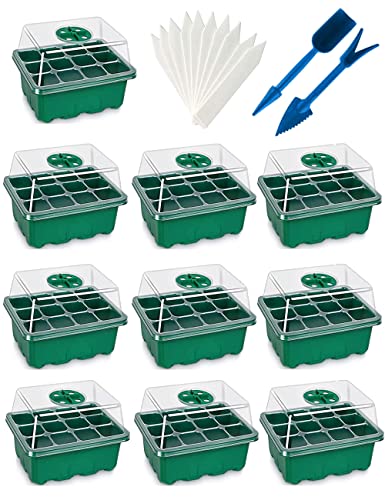 120 Cells Seedling Starter Tray kit, 10 Pack Seed Starting with Humidity Dome and Base Vented Trays for Greenhouse Gardens, Adjustable Plant Starter Kit, Mini Propagator for Germination (GreenNew)
