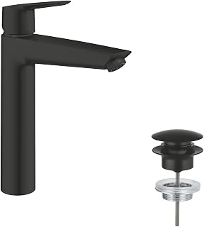 GROHE Start, Waschtischarmatur hoch, wassersparend (Wasserhahn für das Bad, Badarmatur mit Push-Open Ablauf, 26cm hoch, mit 3in1 Werkzeug, einfache Installation), mattschwarz, 241652433