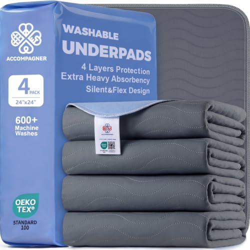 Image of Accompagner Incontinence Bed Pads Washable Waterproof, Ultra-Absorbent Reusable Underpads for Diaper Changing, Nursing, Bedridden, Adults, Seniors, Kids and Dogs (Dark Gray, 24 inchx24 inch(Pack of 4))