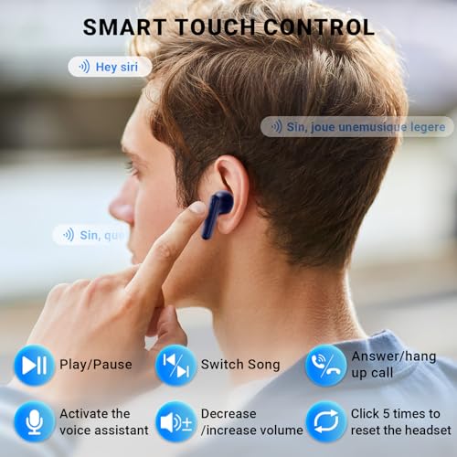 Image of Wireless Earbuds, Bluetooth 5.4 Headphones with 42H Ultralight Ear Buds,Bluetooth Earbuds with 4 ENC Noise Cancelling Mics, HiFi Deep Bass Dual LED Display USB-C, Waterproof Earphones Blue