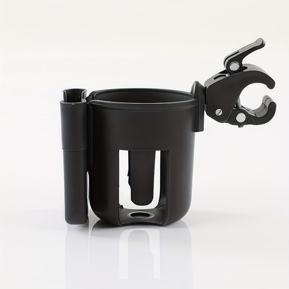 1pc Dual-function baby stroller cup holder with phone mount, suitable for strollers and bicycles, designed for safe storage of water bottles and cups, offering convenient use for parents on the go.