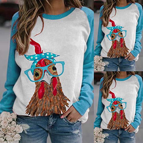 Lemononstore Funny Cute Animal Printed Pullover Sweatshirts Women Chicken Graphic Tee Tops Raglan Sleeve T-Shirt Blouses Blue #TOP2