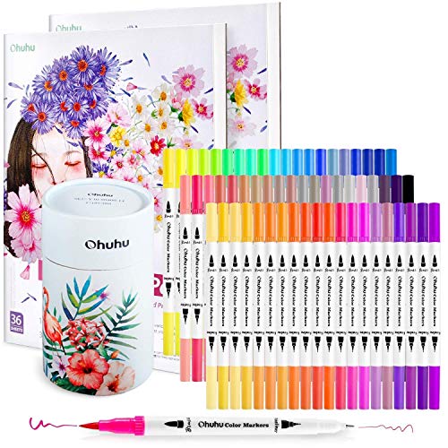 Ohuhu Art Markers Dual Tips Coloring Brush Fineliner Color Pens+ 2 Pack Watercolor Pad Sketchbooks