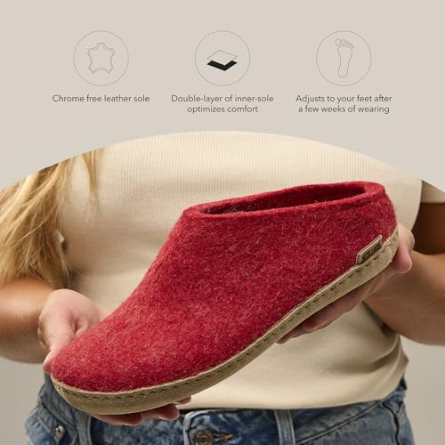 Glerups 100% quality wool mix Slipper with leather sole - Unisex Slip-on - Red - Size 8.53