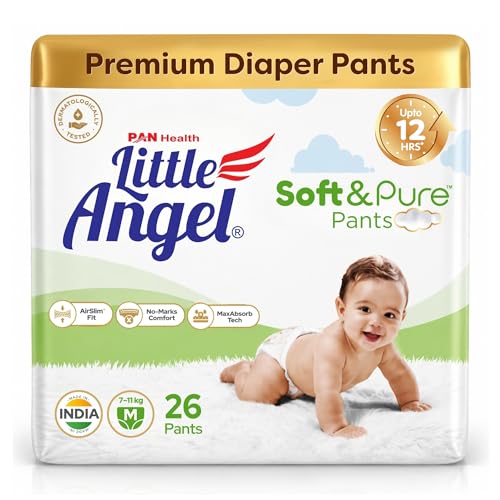 Image of Little Angel Soft & Pure Premium Baby Diaper Pants | Medium (M) - 26 Count (7-12 Kgs) | With BreathableAir Layers for Rash-Free Comfort, Lightweight AirSlim Fit, No-Marks Soft Waistband, MaxAbsorb Dry Protection & Calendula Extracts for Baby's Soft Delicate Skin