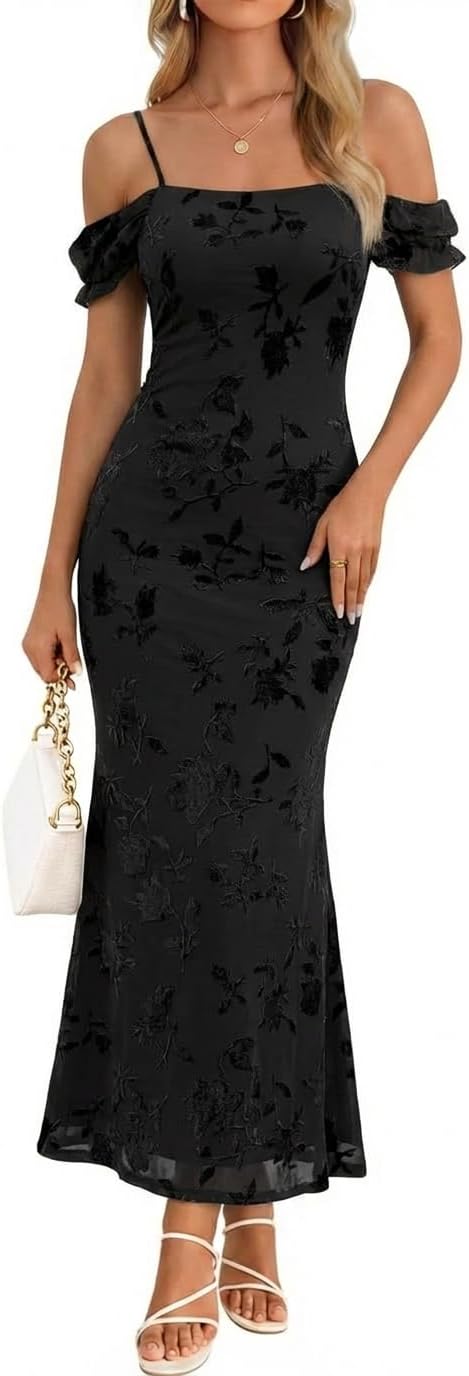 MEROKEETY Women's 2026 Summer Off The Shoulder Spaghetti Strap Floral Mesh Wedding Guest Cocktail Formal Party Maxi Dresses