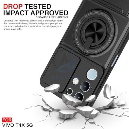 Image of AESTMO Vivo T4X / Z10X / Y31 Pro 5G Back Cover | Armor Camera Slider 360 Degree Rotating Finger Ring Holder Case with Bracket Stand Back Case Cover (Compatible with MagSafe Accessories) (Black)
