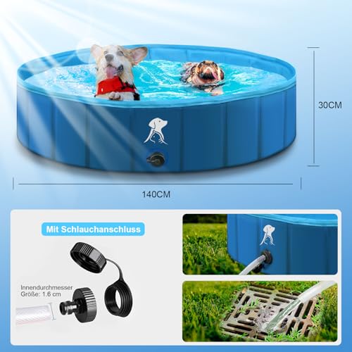 Fwiull Hundepool für Große & Kleine Hunde, Faltbarer Hunde Planschbecken 140 * 30CM Hundebadewanne Stabiler Swimmingpool Haustier Kind Schwimmbecken rutschfest Tragbar Blau