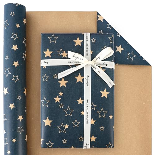 Geschenkpapier Rolle 43cm x 15m Blauer Stern Kraft Geschenkpapier Recyclebar für Weihnachten, Geburtstage, Halloween Hochzeiten und Partydekoration