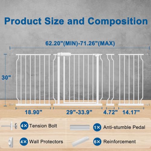 Image of ALLAIBB Extra Wide Pressure Mounted Baby Gate Walk Through Child Kids Safety Toddler Tension White Long Large Pet Dog Gates with Extension for doorways Kitchen (62.20-71.26 inch /158-181cm, White)