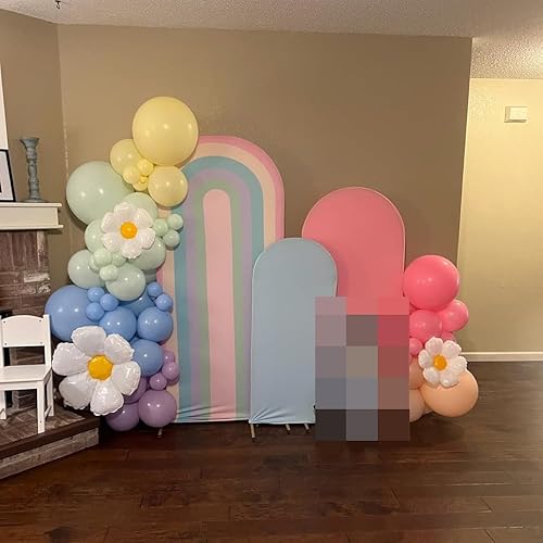 Miniatura 5 de KONPON Fundas de telón de fondo de tela con arco iris para fiestas Groovy Party Boho Pastel Rainbows, fundas elásticas para soporte de arco de