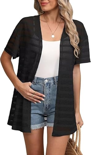 YGJIEGENG Summer Cardigan for Women UK Lightweight Kimono Open Front Casual Boho Crochet Cardigans (Black Medium)