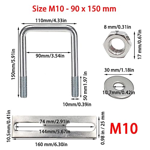 duoyif U-Bolts M10 90mm x 150mm Square Stainless Steel With Nut Frame Plate Washer U Bolts For Pipe Fixing Car Ships Die 1pc (M10 90x150mm) - Image 2