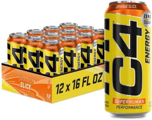 C4 Energy Carbonated Zero Sugar Energy Drink, Pre Workout Drink + Beta Alanine, Orange Slice, 16 Fl Oz (Pack of 12)