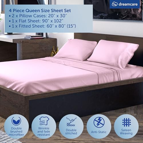 Image of DREAMCARE Queen Sheet Set - 4 pcs Breathable Cooling Sheets - up to 15 inch Deep Pocket Queen Sheets Set with Side Pockets - Extra Soft 100% Brushed Hypoallergenic Hotel Luxury Bedding - Pink