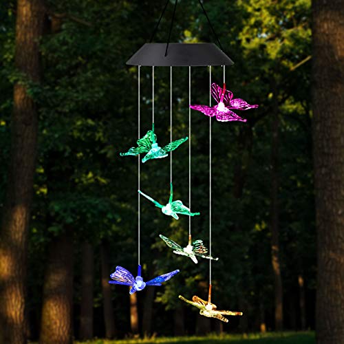 SUNJOYCO Butterfly Solar Wind Chimes, Color-Changing Outdoor Decoration Waterproof LED Memorial Wind Chime Solar Powered Colorful Light for Home Party Yard Garden