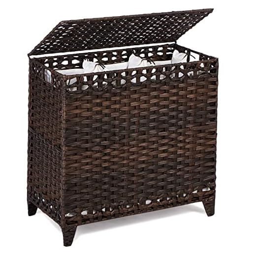Laundry Hamper with 3 Removable Liner Bags; 132L Handwoven Rattan Laundry Basket with Lid & Heightened Feet; Clothes Hamper with Side Handles; Laundry Sorter with 3 Separate Sections (Brown)
