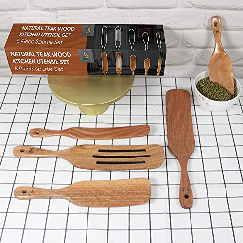 Biggenie 5-Piece Natural Teak Wood Spurtle Set | Wooden Kitchen Utensils | Handcrafted, Moisture Resistant Cooking Tools Spatula | Non-Stick, Durable, Slotted Cooking Spoons #TOP3