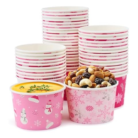 ROYAL BLUEBONNET Disposable Pink Christmas Soup Bowls – 48 8 oz Pink Winter Snack Cups, Pink Christmas Party Decorations, Pink Paper Bowls for Chili, Holiday Ice Cream Cups, Pink Holiday Snack Cups Cover