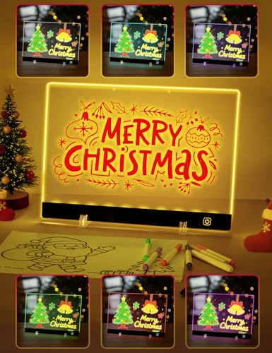 LED Drawing Board for Kids,14"x10"& 7-Color Touch Glow Pad, Rechargeable Acrylic Dry Erase, Incl. Christmas Sketch Paper, Halloween & Christmas Gift, Easy Clean Message Night Light