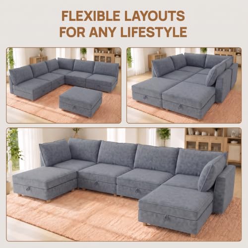 Image of 99 inch Chenille Modular Sofa Bed with Washable Covers & Storage, 6-Seater Modular Sectional Sleeper Sofa Bed with Movable Ottoman Chaise, Convertible Sleeper Sectional Couches for Living Room, Gray