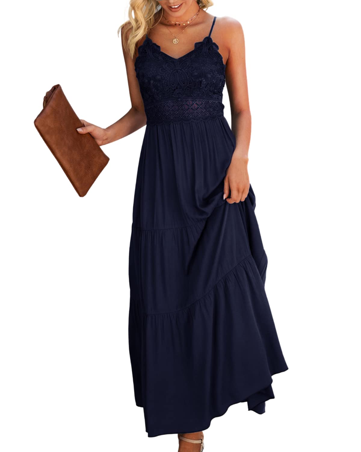 Dokuritu Women's Dresses Beach Crochet Lace Maxi Dress Summer Vacation Bridal Shower Spaghetti Strap Long Navy Wedding Guest Dress 2023(Navy,M)