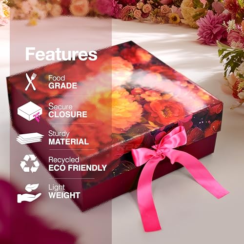 Image of RBS - Foldable Gift Box with Ribbon 26x26x10cm Gift Boxes for Packaging (1 Pack) Multi-Purpose Gift Boxes for Presents Reuse Gift Packing Box Decorative Hamper Box (M-Glossy Secret Garden)