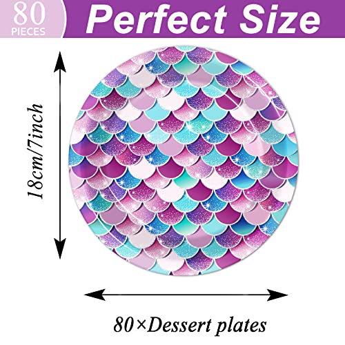 80Pcs Mermaid Birthday Party Supplies Under The Sea Theme Paper Plates 7" Ocean Sea Tableware Dessert Plates For Little Mermaids Princess Girl's Table Decorations Dinner Plate Baby Shower Party Favors #TOP1