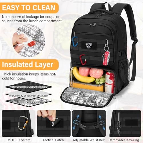 SDYSM Tactical Lunch Backpack for Men Women 17.3 Inch Laptop Backpack with USB Charging Port Military Work Backpack with Insulated Lunch Bag for Travel College Business, Black - 3